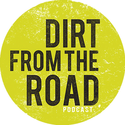 a lime green circle with black text over it "Dirt from the road with Brett Newski"